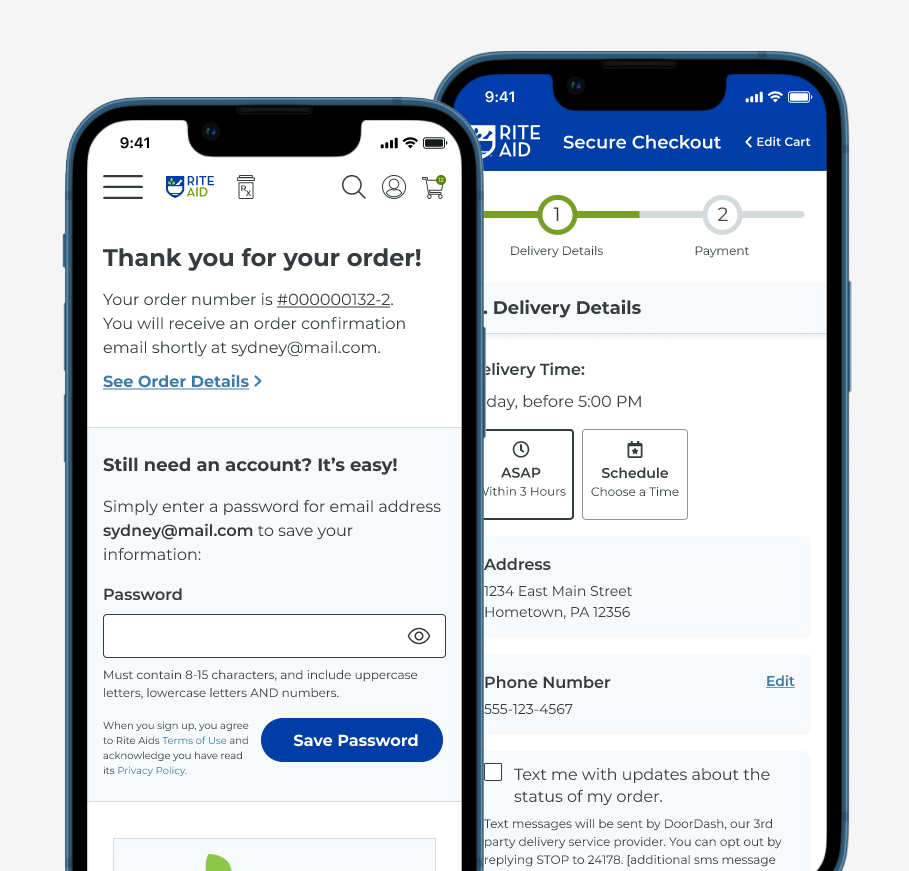 iPhone screens showing the checkout and order confimration screens