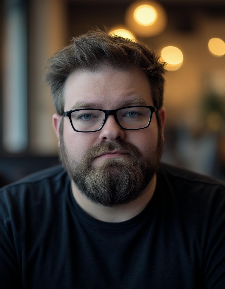 Brian Talbot. He is a white male with brown hair, and a beard. He is wearing black framed glasses and a gray sweater.