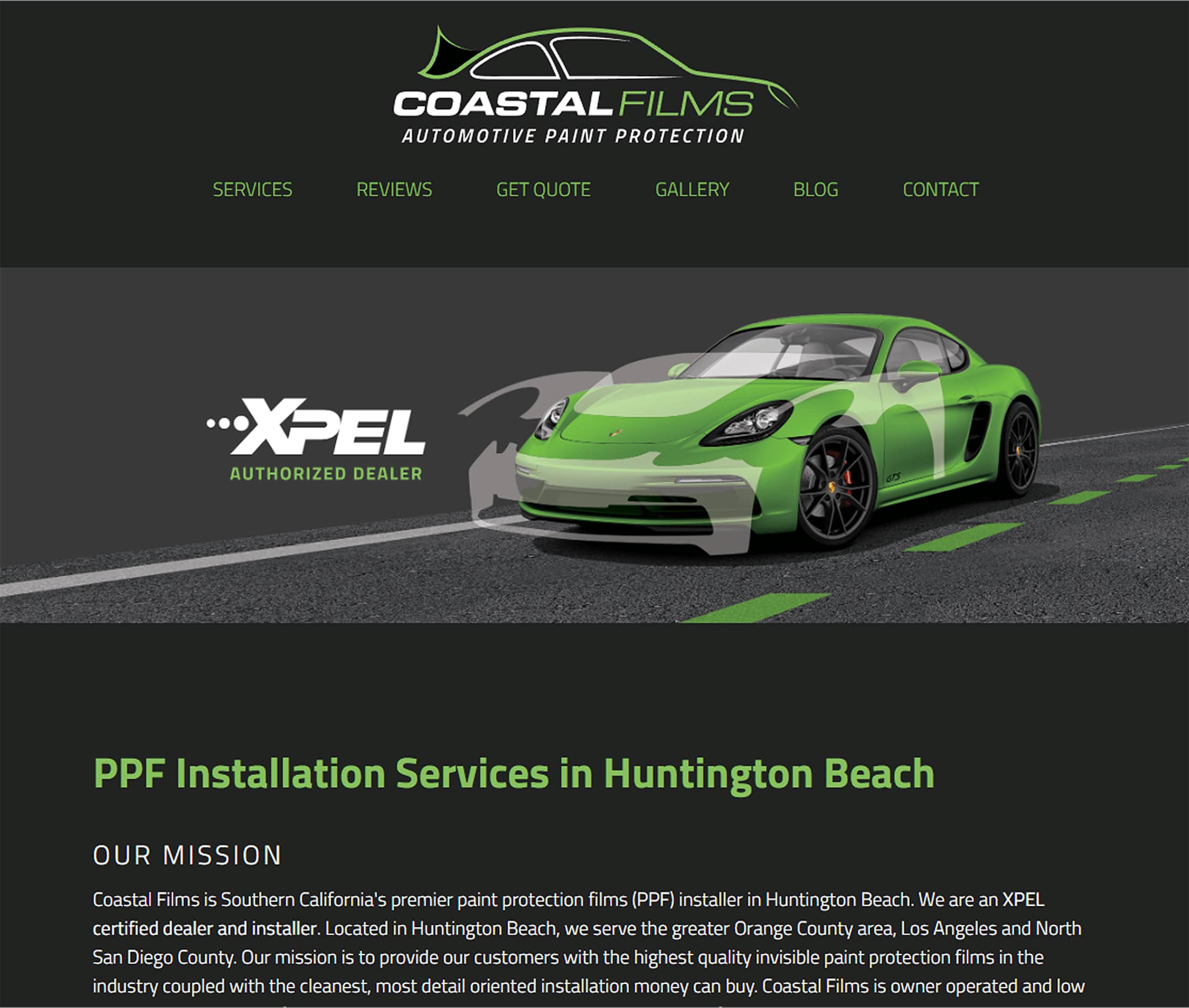 Screenshot of website featuring a green Porsche 911 with graphics overlaid indicating a paint protection film installation.