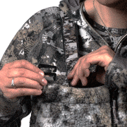 Animation of a strap being hooked onto overall bibs.